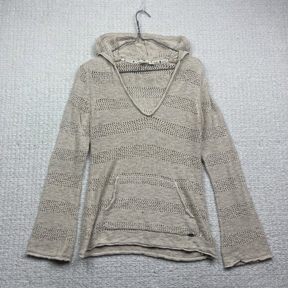 Roxy Hoodie Sweater Women M Cream V-neck Crochet Knit Boho Beach Surf Y2K - Picture 1 of 15